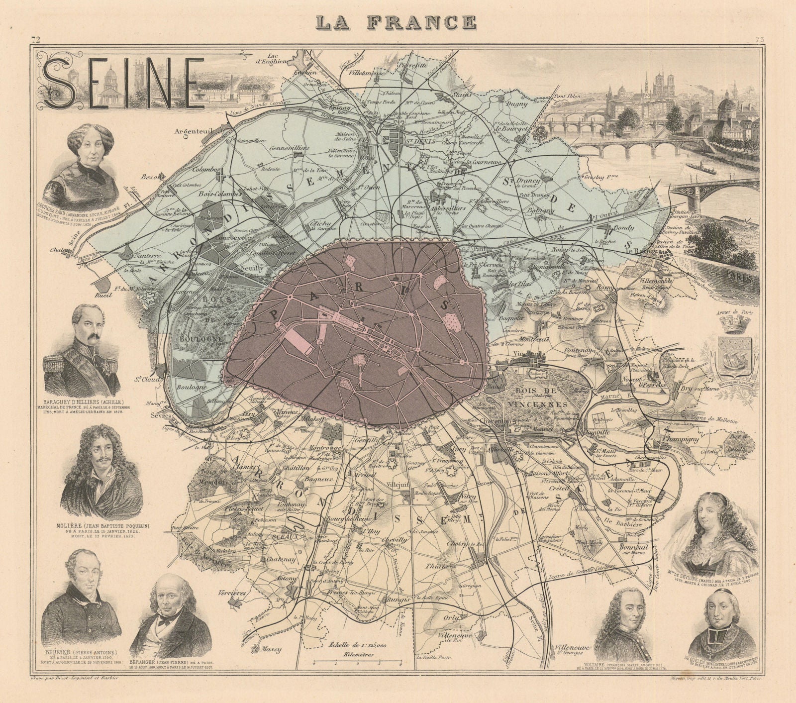 Seine département. Paris. Paris vignette. Vuillemin 1890 old antique map chart
